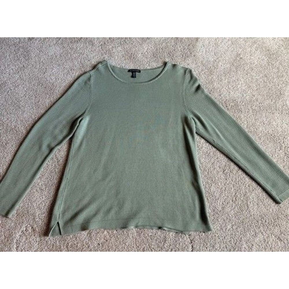 Eileen Fisher Womens M Green Ribbed Knit Pullover Sweater Lyocell Long Sleeve